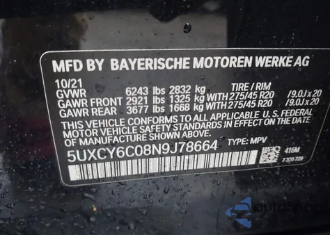 2022 BMW X6 xDrive40I z USA, uszkodzony, nr VIN 5UXCY6C08N9J78664